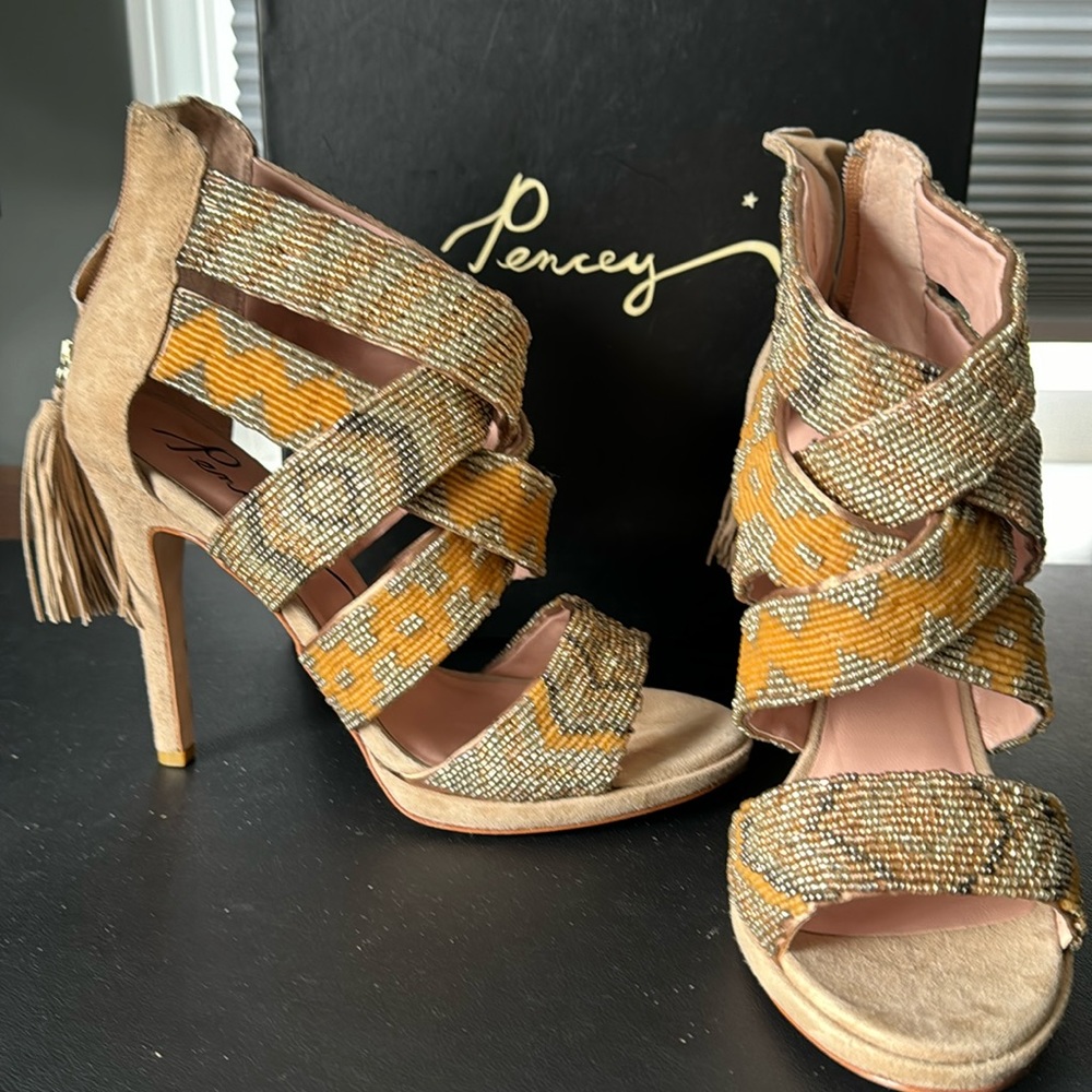 Pencey Caius Nude High Heeled Suede beaded sandals size 7.5